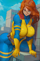 breasts drawing giantess city mega color large_breasts buildings green_eyes gloves thighs belt jumpsuit orange_hair zipper