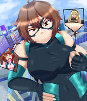breasts drawing giantess city mega blonde color handheld buildings brunette brown_eyes gloves mask costume kat hands_on_hips hairband on_shoulder scarf looking_at_tiny my_hero_academia cutaway kogochew ochaco_uraraka ochako_uraraka