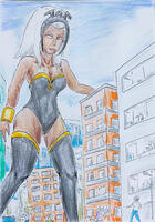 breasts drawing giantess white_hair city mega color cleavage boots storm dark_skin leotard bracelet tiara running_away x-men white_eyes bare_legs marvel_comics wanbadan321