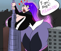 breasts drawing growth giantess city mega aroused color cleavage buildings purple_hair huge_breasts purple_eyes boots magic costume dialogue between_buildings thick_thighs zatanna dc_comics confade dc_super_hero_girls