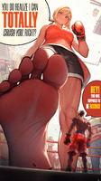 breasts giantess crush feet blonde blue_eyes barefoot shrinking sweat shrunken shorts humiliation point_of_view dialogue boxing boxing_ring boxing_gloves ai_art