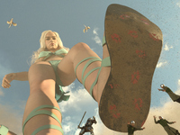 breasts giantess white_hair mega long_hair armor sword cleavage bra blood military sandals underboob queen outdoors point_of_view dragons imminent_crush helmet looking_at_tiny digital_render game_of_thrones daenerys_targaryen loincloth bare_legs bare_midriff gtssrg