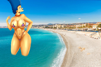breasts giantess collage mega large_breasts swimsuit beach cleavage blue_hair marge_simpson simpsons the_simpsons milf necklace hands_on_hips bare_legs yellow_skin bare_midriff