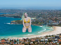 giantess collage city mega blonde beach ocean kneeling necklace cliff wading bare_legs bare_midriff
