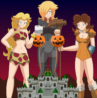 breasts drawing giantess mega blonde color long_hair blue_eyes cleavage bra skirt mario princess_peach green_eyes brunette castle smiling giganta ginormica boots halloween bowser giantesses cosplay monsters_vs_aliens toilet_paper costume leotard jumpsuit hands_on_hips princess_daisy hammer leopard_print looking_at_tiny bare_legs seven_deadly_sins princess_rosalina nightcore100 bare_midriff diane_(seven_deadly_sins) pumpkin_bucket
