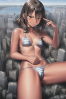breasts giantess city mega black_hair swimsuit buildings brown_eyes unknown_artist bare_legs bare_midriff ai_art