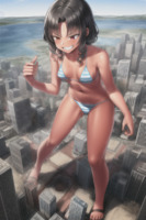 breasts giantess city mega black_hair swimsuit destruction cleavage water buildings brown_eyes unknown_artist sandals bare_legs bare_midriff ai_art