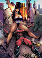 breasts drawing giantess city mega black_hair color destruction blue_eyes cleavage high_heels buildings gloves boots fire fighting fishnets giantesses vehicles smoke thighs facesitting corset jacket costume belt leotard running_away arms_crossed debris top_hat zatanna dc_comics bowtie atomica zatannafan964 fangerlandim