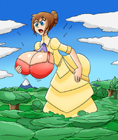breasts drawing giantess mega color butt blue_eyes cleavage bra brunette dress jungle mountains outdoors disney ripped_clothing bending_forward tarzan hair_bun cupping_breast jane_porter domo_sensei