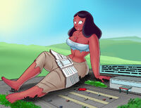 breasts drawing growth giantess mega black_hair color large_breasts destruction barefoot cleavage buildings outgrowing_building sitting pants vehicles dark_skin parking_lot milf doctor top ripped_clothing hospital cracked_pavement steven_universe on_breasts bare_midriff priyanka_maheswaran connie_maheswaran titantigress cartoon_network