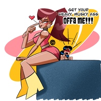breasts drawing giantess mega black_hair color tongue butt blue_eyes butt_crush angry giganta red_hair ponytail dress boots sitting wonder_woman earrings belt bracelet dialogue tiara no_background looking_at_tiny dc_comics bare_legs