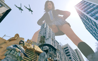 breasts giantess panties city mega upskirt gun skirt buildings helicopter brunette military tank socks uniform tie jacket point_of_view hands_on_hips out_of_focus helmet sorenzer0 water_tower digital_render bare_legs