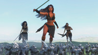 breasts giantess black_hair armor sword fantasy handheld cleavage bra skirt brunette boots giantesses tribal dark_skin outdoors tiara helmet digital_render invaders bare_legs bare_midriff mundogts