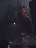 breasts giantess city mega high_heels buildings brunette gloves street dress vehicles night red_nails hands_on_hips sorenzer0 looking_at_tiny digital_render noir fedora lamp_post