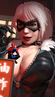 breasts giantess white_hair city mega claws cleavage gloves ponytail sitting collar mask night costume zipper thief digital_render black_cat spider-man marvel_comics neon_sign peter_parker felicia_hardy mrnotlocazo220