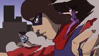 breasts drawing giantess city mega black_hair color butt buildings brunette brown_eyes gloves hawkeye sunglasses mask dark_skin crouching jacket bow belt hairband arrows on_shoulder scarf bare_legs ms_marvel marvel_comics kamala_khan quiver kate_bishop young_avengers america_chavez viktormon