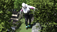 giantess mega large_breasts buildings mask outdoors costume hood imminent_crush thick_thighs digital_render gwen_stacy spider-man big-elsa marvel_comics spider-gwen lamp_post