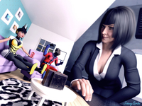 breasts black_hair cleavage brown_eyes gloves short_hair dollhouse table shrunken_woman doll avengers carpet chair costume coke tv ant-man belt sofa business_suit bending_forward digital_render marvel_comics hope_van_dyne the_wasp johnnyscribe scott_lang