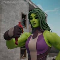 breasts giantess mega handheld buildings green_eyes gloves green_hair boots muscles costume green_skin looking_at_tiny digital_render she-hulk marvel_comics daredevil notkiddingbruh