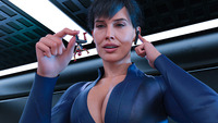 breasts black_hair large_breasts cleavage green_eyes short_hair dangle indoors costume jumpsuit pinched looking_at_tiny digital_render spider-man marvel_comics peter_parker maria_hill celton earpiece