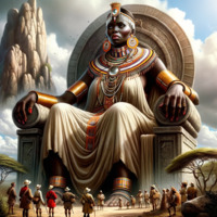 breasts giantess mega barefoot goddess dress sitting crown queen mountains dark_skin african red_nails rings necklace earrings throne bracelet explorers bald black ai_art poisonpen