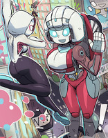 breasts drawing giantess city mega color butt robot blue_eyes sword crossover asuka neon_genesis_evangelion mask costume new_york_city hood asuka_langley attack_on_titan mikasa_ackerman gwen_stacy transformers marvel_comics arcee spider-gwen tonywelt