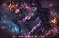 breasts drawing giantess giga horns space color large_breasts armor giant planet cleavage gloves red_hair boots fighting galactus galacta belt planet_destruction hood helmet cosmic_giantess marvel_comics shizen
