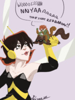 drawing giantess tail color handheld brunette gloves red_hair shrunken_woman squirrel avengers costume goggles dialogue no_background squirrel_girl janet_van_dyne marvel_comics the_wasp avengers_earths_mightiest_heroes yabimae