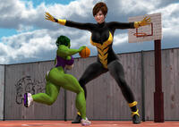 breasts giantess butt brunette gloves green_hair mini_giantess muscles basketball sneakers avengers thighs outdoors costume leotard blocking green_skin digital_render janet_van_dyne she-hulk bare_legs marvel_comics the_wasp basketball_hoop willdial