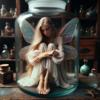 drawing wings blonde long_hair barefoot fairy dress trapped jar closed_eyes pointed_ears ai_art poisonpen