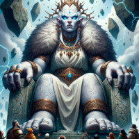 breasts drawing giantess white_hair black_hair blue_eyes barefoot brunette goddess sitting crown queen jewelry tattoo rings necklace throne white_skin pointed_ears frost_giantess ai_art poisonpen