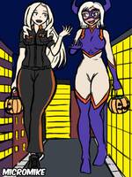 breasts drawing giantess white_hair horns city mega blonde color long_hair blue_eyes handheld buildings ginormica short_hair halloween pink_eyes giantesses mask cosplay night candy monsters_vs_aliens costume belt jumpsuit susan_murphy micromike my_hero_academia mt._lady pumpkin_bucket