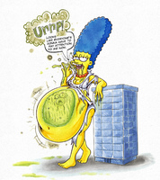 breasts drawing giantess vore mega color long_hair barefoot cleavage buildings blue_hair belly marge_simpson simpsons parody inside_view the_simpsons milf necklace ripped_clothing dialogue homer_simpson no_background attack_of_the_50_foot_woman blob yellow_skin killb00 huge_belly