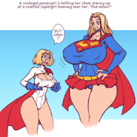 breasts drawing giantess blonde color blue_eyes cleavage skirt huge_breasts gloves mini_giantess supergirl costume cape belt leotard dialogue hands_on_hips power_girl breast_envy dc_comics n647