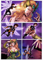 breasts drawing wings blonde comic color long_hair butt handheld cleavage brunette shrunken_woman dangle costume tiara hands_on_hips looking_at_tiny janet_van_dyne enchantress marvel_comics the_wasp zatannafan964