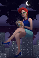 breasts drawing giantess vore city mega color skirt high_heels buildings glasses moon red_hair halloween cartoon night red_nails earrings new_york_city stars legs_crossed sitting_on_building bare_legs cmwaters ghostbusters stay_puft_marshmallow_man heavy_eyeshadow ameliaafterdark janine_melnitz smore