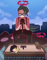 drawing giantess pokemon micro macro city color clothed glasses brunette gloves green_hair sitting tie pants earrings looking_at_tiny cutaway dynamax dakunart human rika scarlet_and_violet paldea