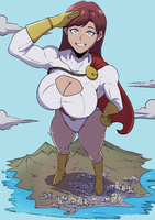 breasts drawing giantess giga city mega color large_breasts blue_eyes cleavage water ocean buildings island giganta gloves red_hair boots muscles airplane mountains flexing cape belt leotard hands_on_hips power_girl dc_comics cleavage_window bare_legs fusion yourmaskedditto kerifik