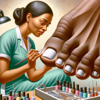 breasts giantess black_hair toes barefoot brown_eyes brush dark_skin long_nails nail_polish earrings lamp hair_bun ai_art poisonpen
