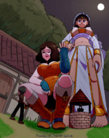 breasts drawing giantess mega color large_breasts crossover barefoot cleavage skirt brunette brown_eyes moon gloves boots halloween giantesses night crouching costume top leotard hands_on_hips well dark_souls looking_at_tiny gwynevere bare_legs seven_deadly_sins bare_midriff diane_(seven_deadly_sins) diane zaneclarence10 outfit_swap