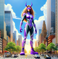 breasts giantess horns city mega blonde long_hair buildings shoes gloves street mask vehicles costume crowds glowing_eyes my_hero_academia mt._lady ai_art poisonpen