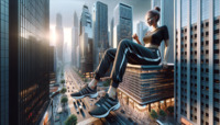 breasts giantess city mega buildings shoes brunette street pants vehicles top sitting_on_building hair_bun sweatpants ai_art lordgts