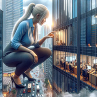 breasts giantess white_hair city mega blonde butt high_heels buildings street ponytail office pants crouching shirt computer looking_in ai_art lordgts