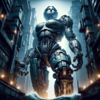 breasts giantess city robot water buildings wave ai_art poisonpen