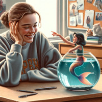 cat blonde black_hair mermaid shrunken_woman pen sweater top looking_at_tiny fishbowl ai_art poisonpen