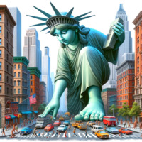 giantess city mega barefoot buildings crown reaching statue statue_of_liberty flag source_needed tablet ai_art poisonpen