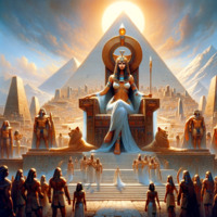 breasts giantess city mega black_hair barefoot bra skirt pyramid goddess egyptian egypt sun sitting lion worship crown queen mountains jewelry statue braid throne guard bare_midriff scepter pharaoh ai_art cleopatra poisonpen