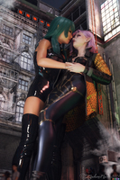breasts giantess nude city mega butt buildings macross couple pink_hair green_hair boots lesbians giantesses night jacket pointed_ears digital_render willing_prey madamemaeve oral_vore