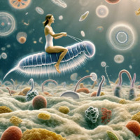 micro swimsuit barefoot brunette shrunken_woman riding bare_legs microbes ai_art poisonpen