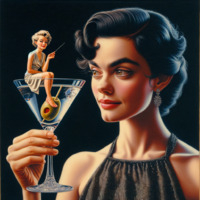 giantess blonde black_hair barefoot brown_eyes dress glass cocktail_glass earrings no_background looking_at_tiny olive ai_art poisonpen